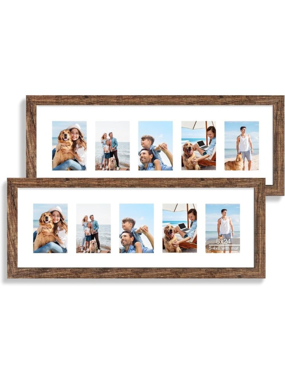 Rustic Brown 8x24 Picture Frame Set of 2, Tempered Glass, Display 4x6 or 8x24